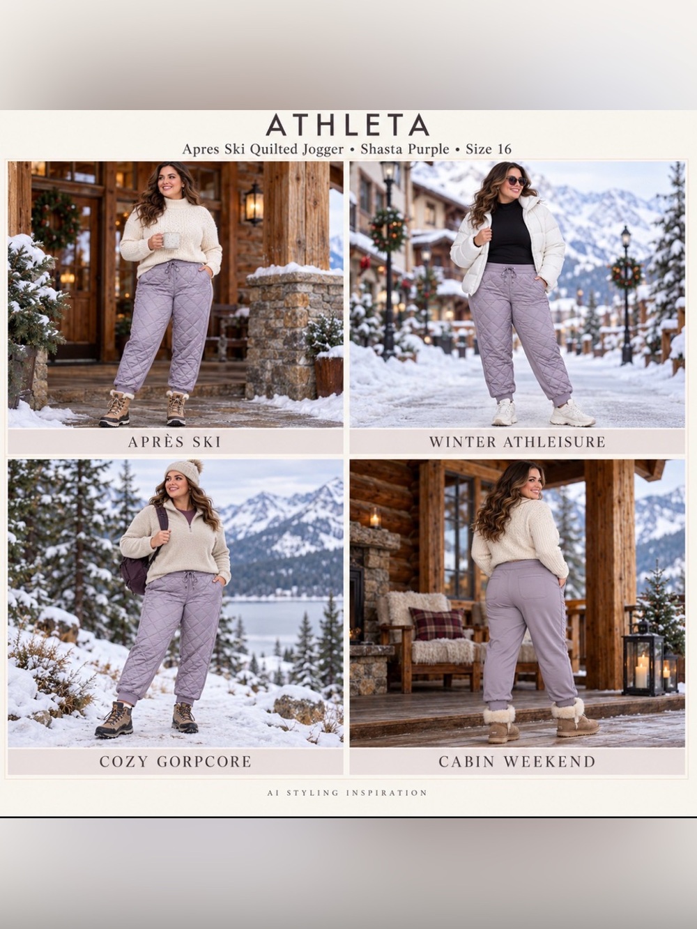 ATHLETA Lavender Apres Ski Down Quilted Jogger Pant Women 16 Shasta Purple NEW
